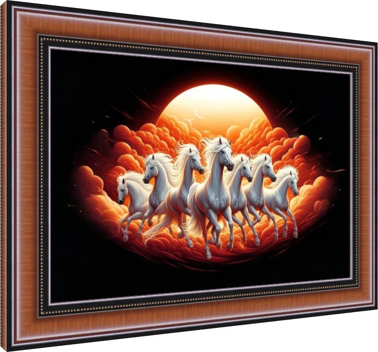 Seven majestic white horses galloping forward against a massive glowing orange sunrise and fiery red clouds. — photo frame preview | PrintPosters.in